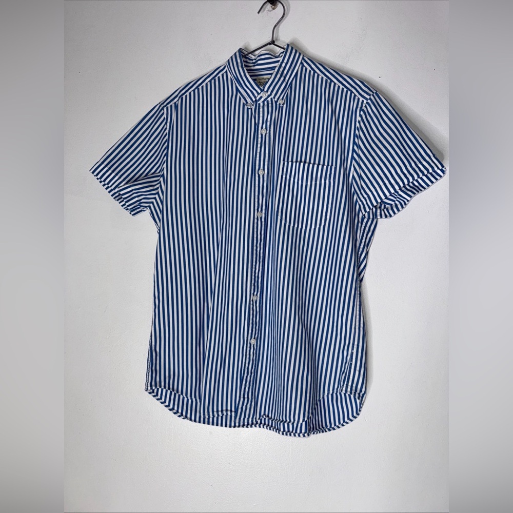 J Crew Cotton Shirting Blue White Stripe Short‎ Sleeve Collar Button Down Medium